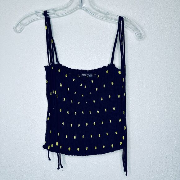 Zara Navy & Yellow Polka Dot Smocked Tube Top XS - Picture 1 of 13